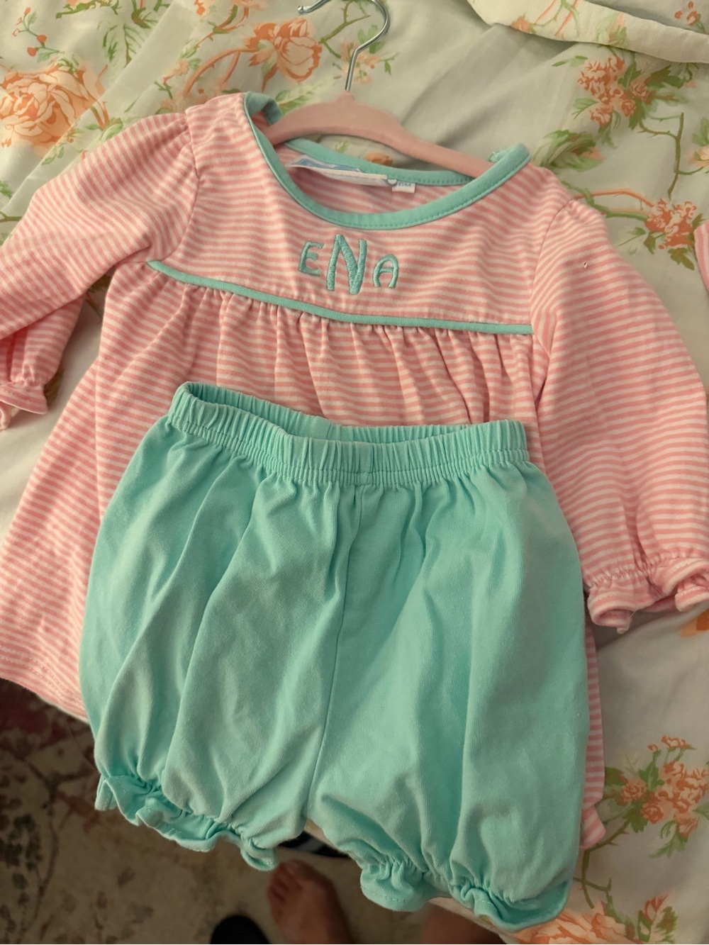 Trotter Street Kids Pink & Mint Striped Baby Set with ENA Monogram